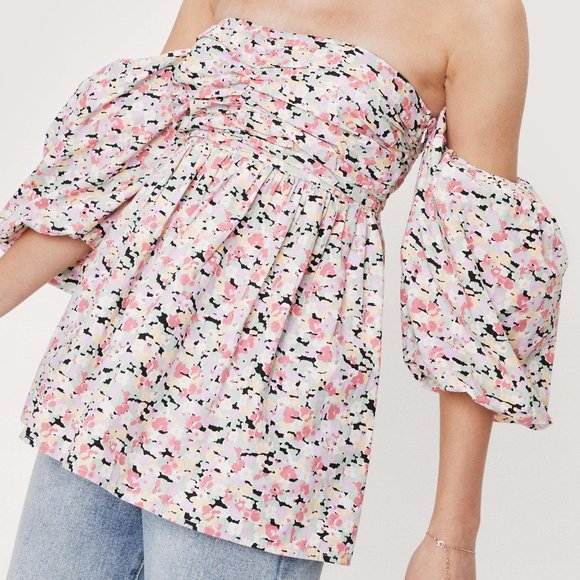 NWT Nasty Gal Baggy Puff Sleeve Pink Floral Oversized Off The Shoulder Top 6 - Picture 3 of 4